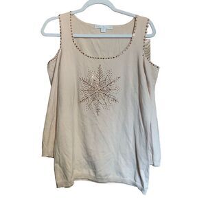 Boston Proper Womens Size Large Beige Embellished Cold Shoulder Sweater Top